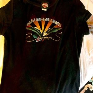 Harley Davidson Black T-Shirt faux tattoo sleeves.